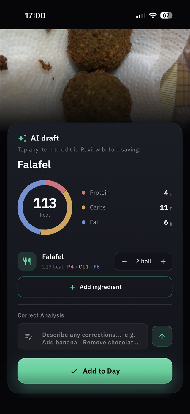 Veya AI meal scan result for falafel, with editable ingredients, calories and macros