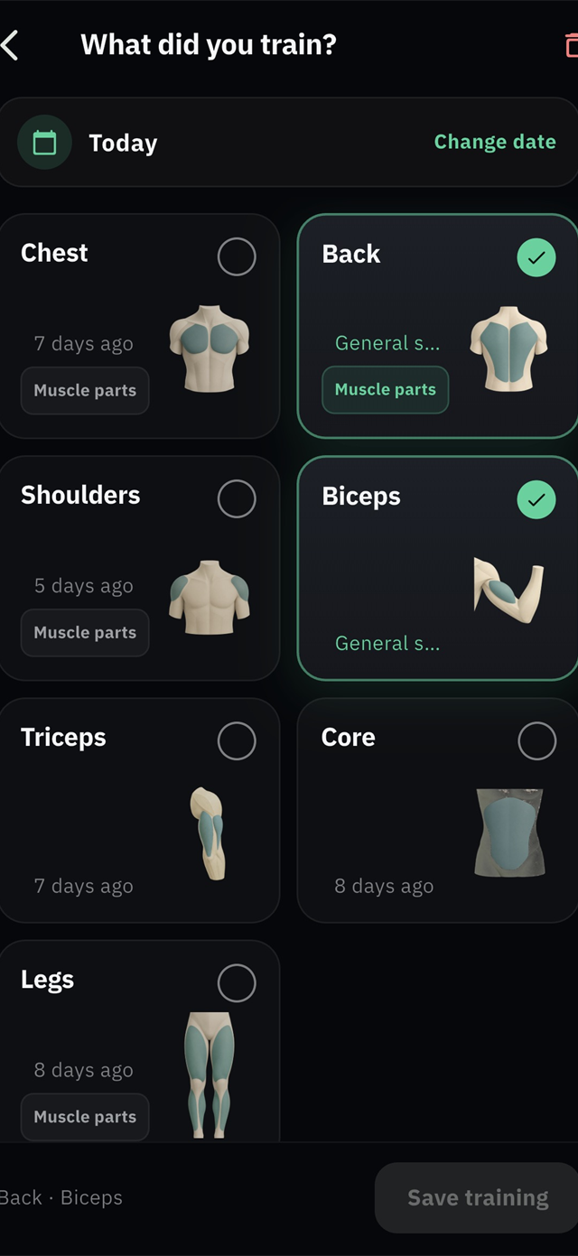 Veya ‘What did you train?’ screen: muscle groups with quiet anatomy illustrations, Back and Biceps selected